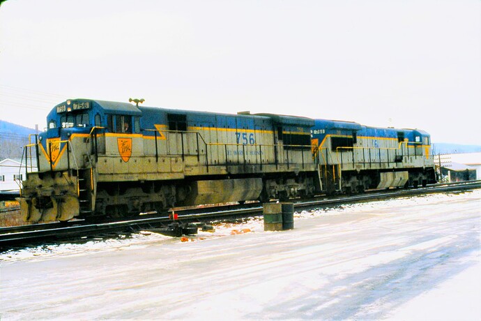 D&H #756 & #761 in pusher service for Belden Hill. Conklin Yard, Binghamton, NY. February 1982