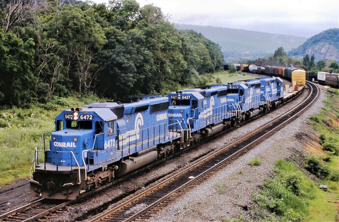 Conrail. SD40-2 #6472, #6427, #6379, ex-CNJ SD-35 #6049. Enola, PA. July 1984
