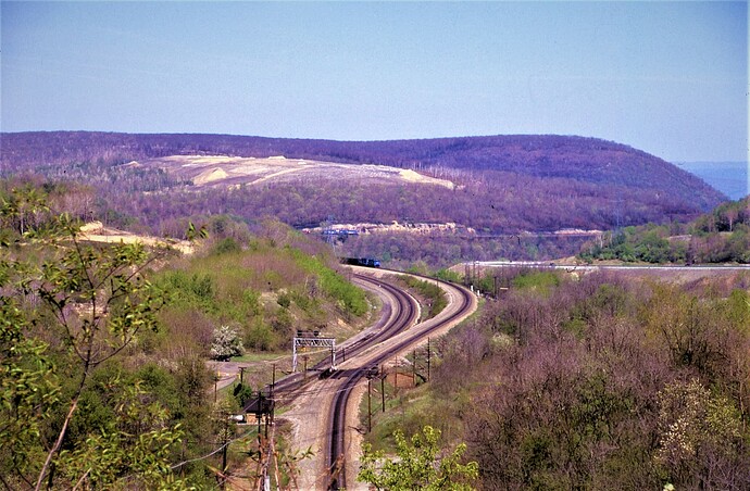 Conrail. View of the Curve from Tunnel Hill, PA. Near Gallitzin, PA. May 1986