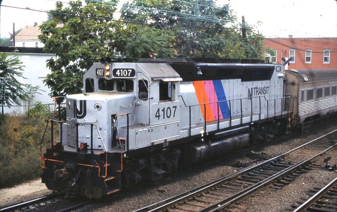 NJT. GP40P #4107 (#3680) west at South Amboy, NJ. Sept 1982