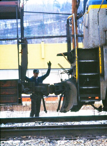D&H Pushers coupling up to train. February 1980