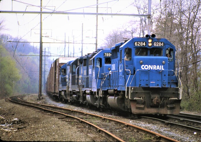 CR. SD40 #6284 (ex PC blt 2-71), GP-38 #7894 east at W. Fairview, PA. 4-28-84