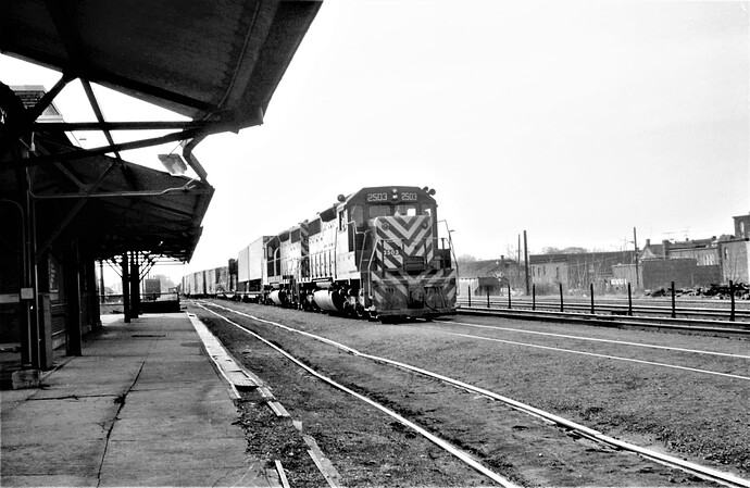 Bound Brook Station, NJ. Freight with SD-35 #2503 & #2507 switching cars in freight yard. March 1974