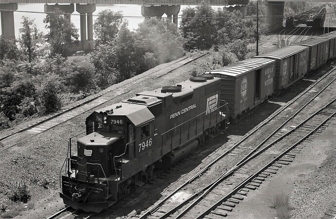 PC GP38-2 #7946, drilling Enola, PA, yard. July 15, 1976