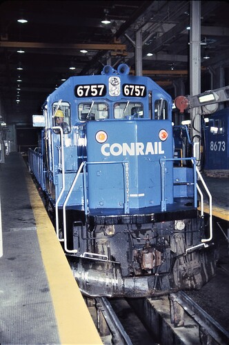 Conrail. Enola Diesel Terminal an SD50 #6757 in for servicing. May 1986