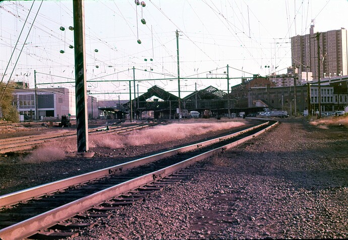 Amtrak. Harrisburg, PA station, looking east on  July 15, 1976