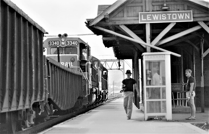 Conrail. Westbound freight at Lewistown, PA. August 1977