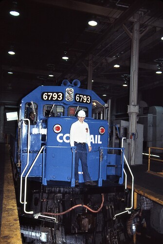 Conrail. Enola Diesel Terminal and SD50 #6793. Terminal foreman on unit. May 1986