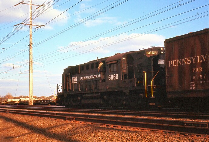 PC RSD-12  #6868, Alco is eastbound near County Tower, NB, NJ  November 1972