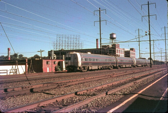 Penn Central. Metroliner westbound at North Rahway, NJ. Sept 10, 1972