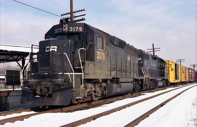 Photo 70. GP-40 #3179, GP-38 #8126 at Bound Brook, NJ. Westbound in Nov 1977