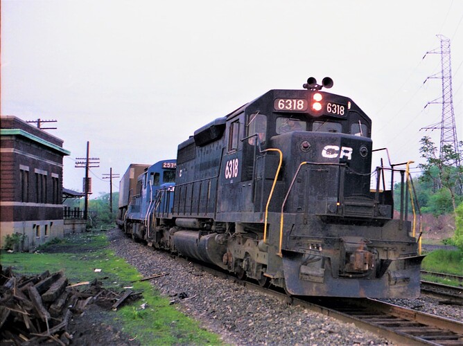 Photo 77. SD-40 # 6318 & U25B #2575 on ex-Lehigh Valley to set off piggybacks for Bound Brook, NJ yards August 1981. S. Boncher engineer