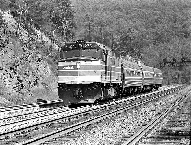 Amtrak. F-40 # 276 with Pennsylvanian at Bennington Interlocking. PA. August 16, 1977