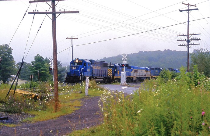 D&H. B&M GP38-2 #202 ,D&H GP39-2 #7403,U23B #286, GP39-2 #7409, B&M GP40 #312 & #3232. Northbound Near Ninevah, NY. August 1984