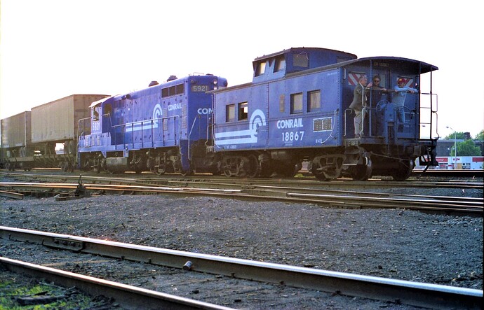 Photo 75. GP-7 #5921 (Ex-EL #1401) & N-4B caboose #18867 switching Bound Brook, NJ yard. 5-79
