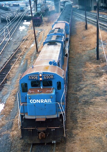Conrail. GE U23-C #6908 & #6907 at Enola with coal train. Sept 1983