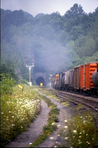 D&H. #260 with Northbound freight heading into Belden Tunnel, NY. August 1984
