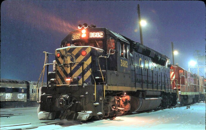 CNJ GP40P #3682 winter Raritan, NJ engine terminal February 1973, f11 3 min Ektachrome