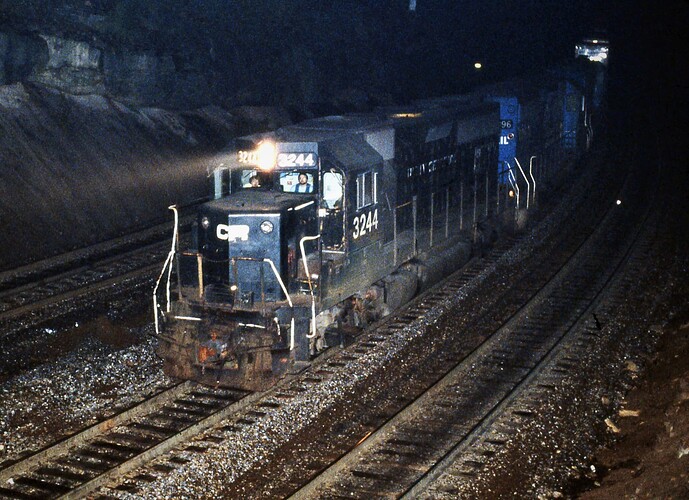 CR. GP40 #3244 east at Bennington Curve.  Sept 1982