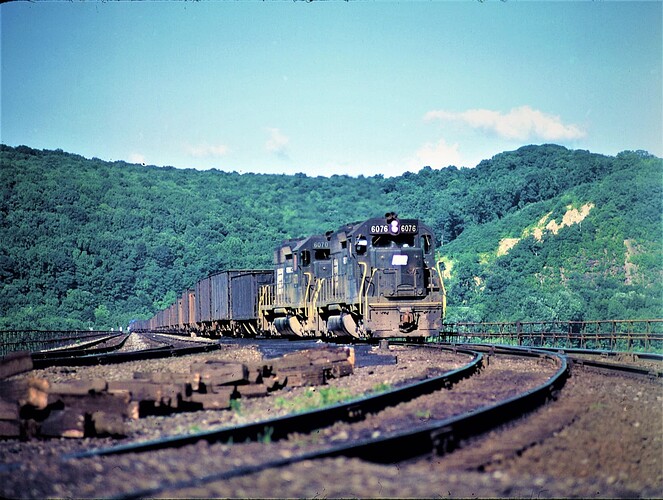 CR. Ex PRR, PC SD-35 #6076 #6070 on Rockville Bridge heading to Northern Central. July 15, 1976