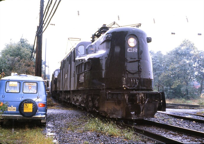 Conrail. GG-1 #4886 & 2nd GG-1 passes my van at West Fairview, PA on a rainy Sept 15, 1979