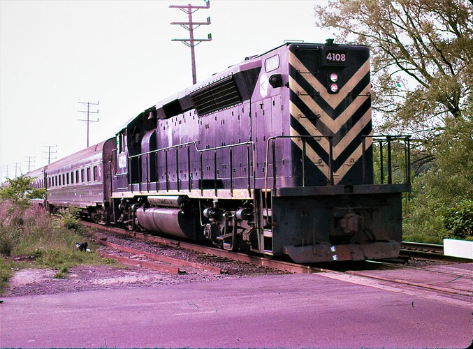 NJT. GP40P #4108, west at Cliffwood Ave, NJ. 1985