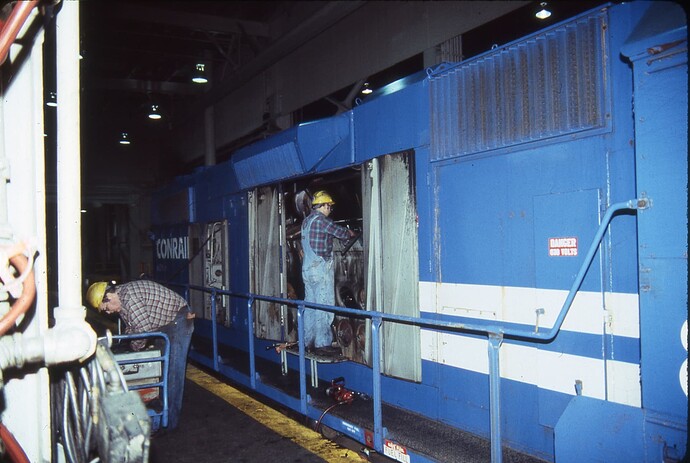 Conrail. Enola Diesel Terminal. Prime mover being worked on. Enola, PA. May 1986