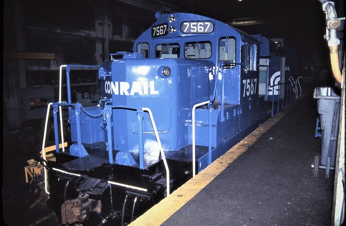 Conrail. GP-10 #7567 (PRR #7130 GP9, blt 6-1957) being worked on in Enola Diesel Terminial. May 1986