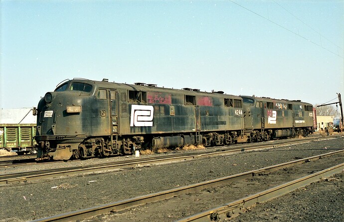 Penn Central E-8 # 4244 & #4233. South Amboy, NJ. 1980