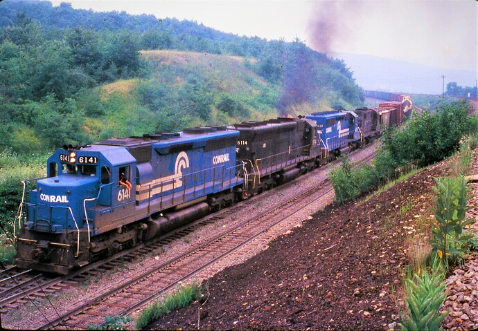 CR. SD45 #6141, SD40 #6114, SD40-2 #6438 & other unit. Near Gallitzin tunnels. Sept 1978