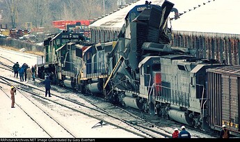 "According to the Chicago Tribune files, this head-on collision occurred on Wednesday, January 20, 1993, between a BN 15 car local and a SP 92 car freight train. These photos appear to have been taken by a professional photographer, although unidentified." -Gary Everhart, rrpicturearchives.net
