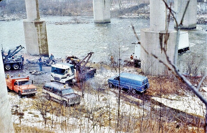 D&H. Semi-truck slid off the bridge on Rt 80 near White Haven, PA.  March 1980