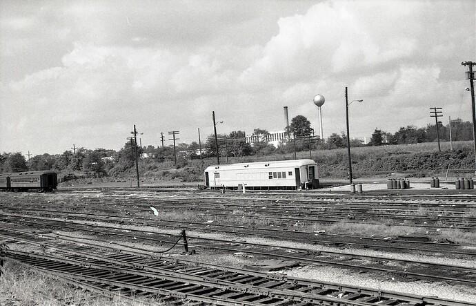 CNJ. Raritan coach yard. Calco office building is in background on the right. August 1971