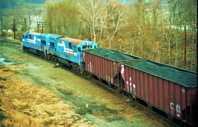 Conrail. GE U23-C #6908 & 6907 on coal train at Enola, PA. Oct 1983