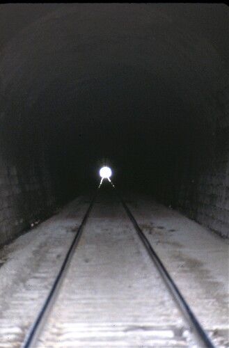 Conrail. The tunnel at Gallitzen, PA. Town of Tunnel Hill is above. Aug 16, 1977