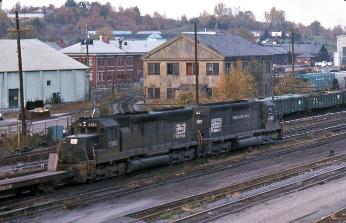 PC. SD40 #6045 & SD45 #6145 with eastbound freight . Works tower, Altoona, PA. 10-13-74