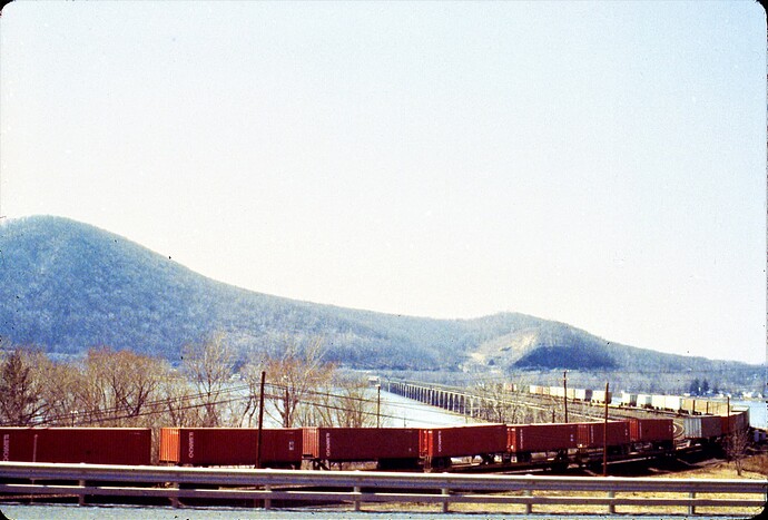 Conrail. TV train eastbound on Rockville Bridge, taken from the Marysville, PA side. April 28. 1984