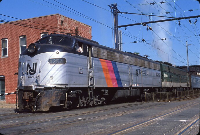 NJT.  E-8's #4257, #4330 ex Southern Railway. South Amboy, NJ engine change. August 1983.