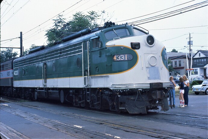 NJT. Ex Southern E-8 #4331 crossing Augusta St at South Amboy, NJ. Sept 1982