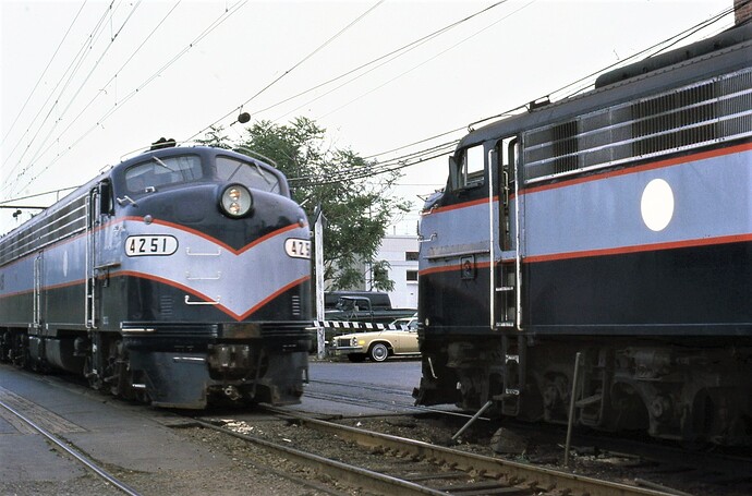 NJT E-8 #4251 meet at Augusta St, South Amboy, NJ. Sept 1980