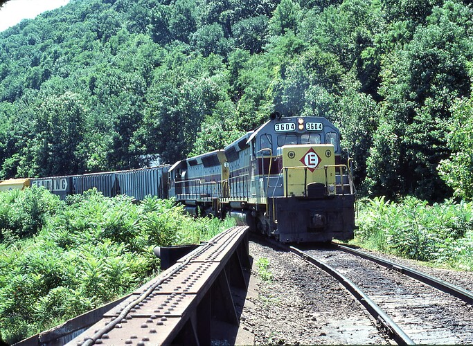 CR. Ex E-L SD-45 #3604 & #3613 on approach to Rockville Bridge in Marysville, PA.  July 15, 1976