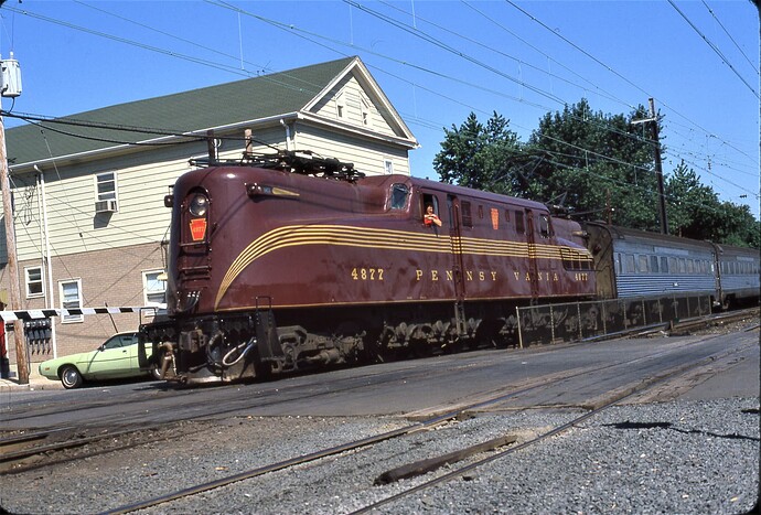 GG-1 #4877 at South Amboy, NJ with train from NYC.  July 1981